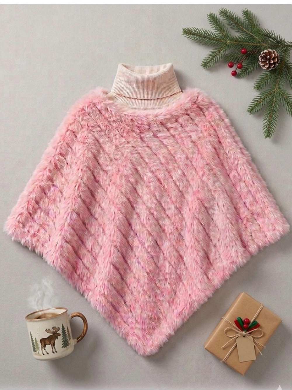 Pasha & Jo Real Rabbit Fur Poncho Cape Soft Pink OS Coquette Boho Winter Glam